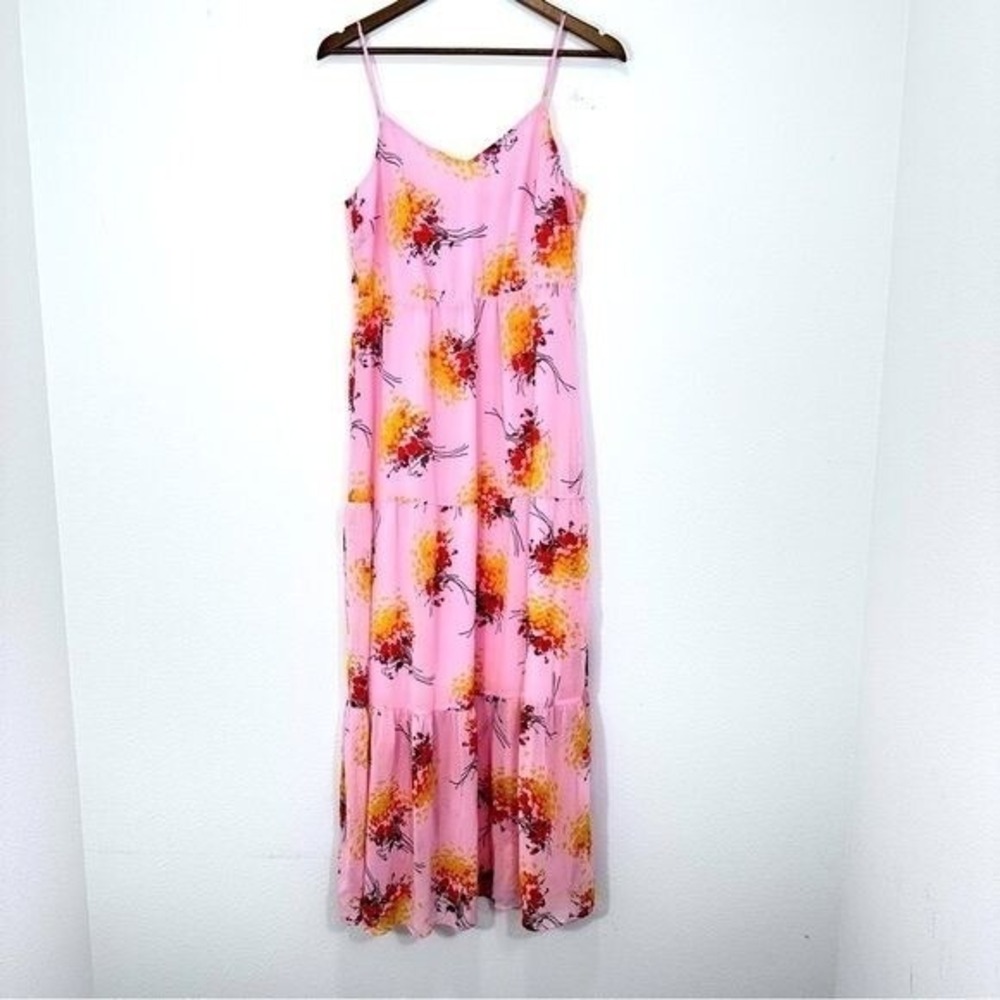 J. Crew Size 6 Maxi Dress Vibrant Pink Floral Sunburst Spaghetti Strap Tiered‎